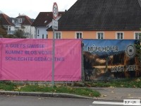 Plakat an der Baustelle Mühlhofen-Mitte